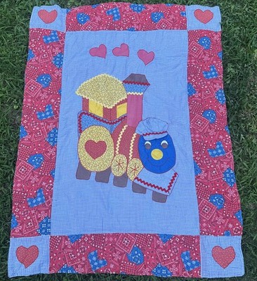 Vintage Nursery Toddler Quilted Tank Train Engine Blanket Handmade 43 X 57 