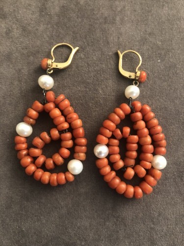 Vintage 1960s Coral & Cultured Pearl Earrings Handmade 5.8cm FIX Clasp RARE - Picture 7 of 7