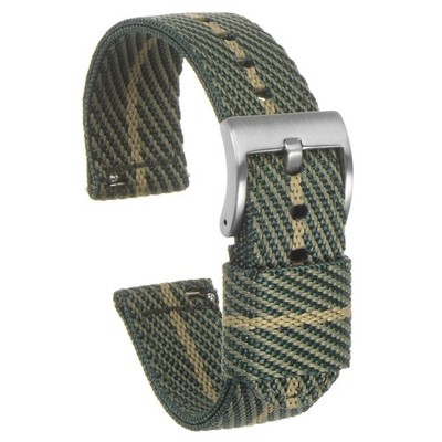 Green Khaki Nylon Striped Watchband 18mm Soft Premium Nylon Strap, Silver Buckle