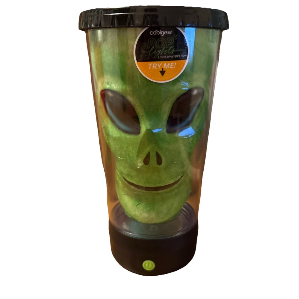 Vasos Cool Gear Pop Lights cara alienígena verde 18 oz con tapa luz LED Foto 2 de 4