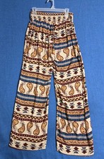 Women's Lounge Pants XL Boho Paisley Wide Leg Elastic Waist Turquoise Tan Rust