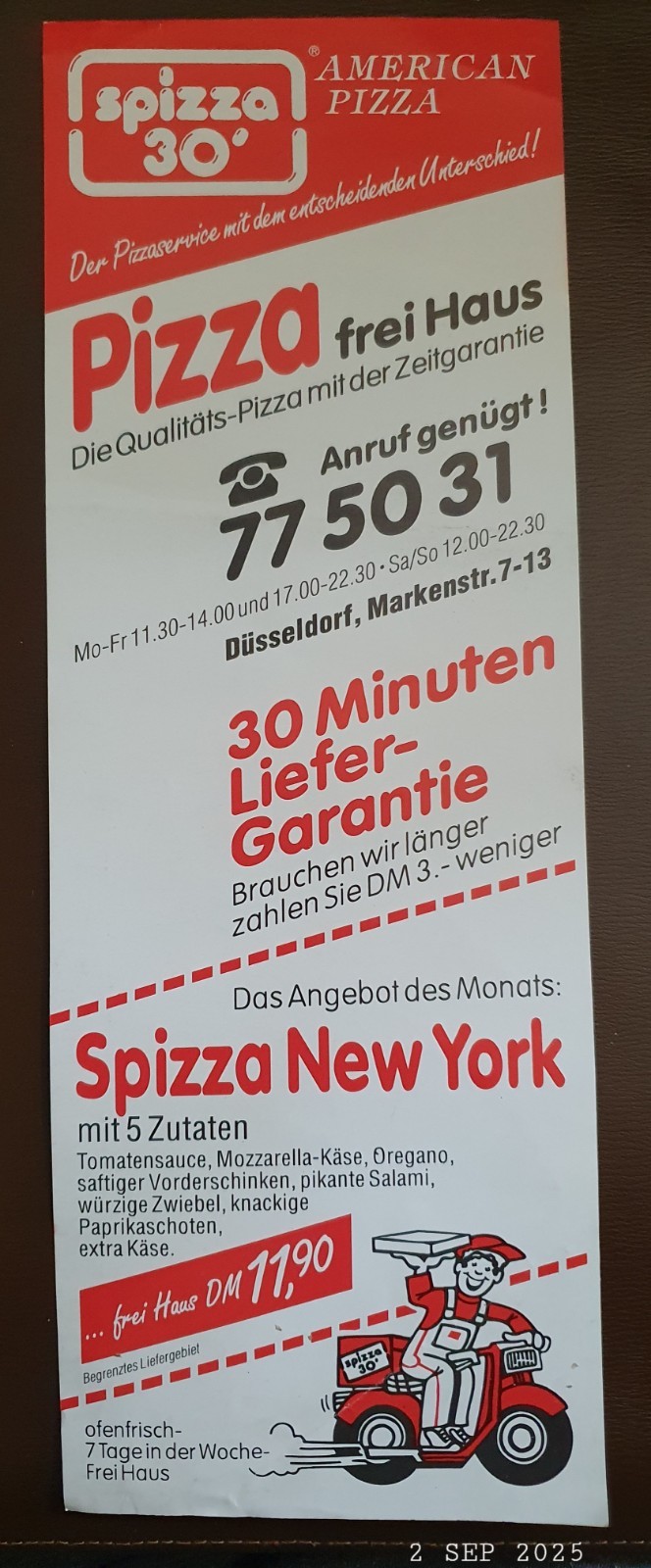 alte Speisekarte mit DM-Preisen, "Spizza 30 Min", Düsseldorf, Markenstr. 7-13