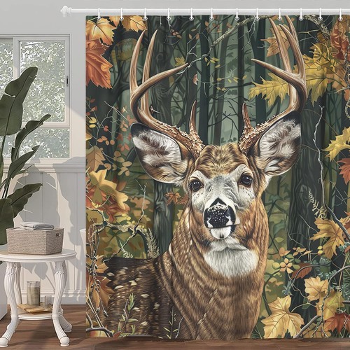 Camo Hunting Shower Curtain, Rustic Cabin Deer Forest Woodland Wildlife Showe... - Picture 3 of 6