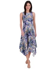 Vince Camuto Womens Blue Paisley Ruched Sleeveless Handkerchief Hem Dress Sz 10