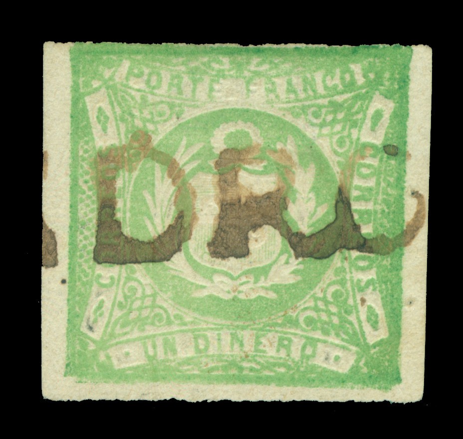 PERU 1868 Coat of Arms 1d apple green Scott # 14 used  FVF "SAN PEDRO" pmk.