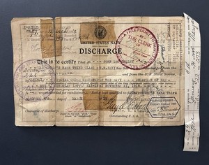 1919 WW1 US Navy Discharge Form  - John Leo Kelley - Loogootee IN - World War 1