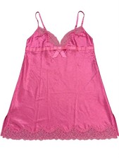 Victoria Secret 100 Silk Slip Dress M Hot Pink Lace Trim Chemise Babydoll Y2K