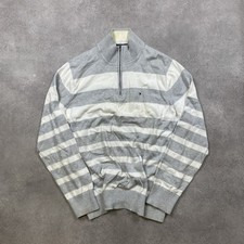 Tommy Hilfiger Quarter Zip Jumper Mens XL Striped Knit Sweater, Grey White