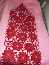 Red Floral Cut Out Machine Embroidered Table Runner 68" x 12"  EUC