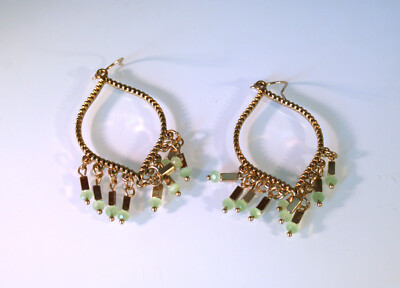 Gold tone textured arabesque hoop & green bead fringe dangle earrings 2 1/4''