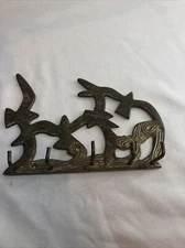 Vintage Solid Brass Seagulls & Waves 5 Hook Key Hook 5.5x5" Beach Nautical Theme