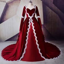 Vintage Red Velvet Wedding Dresses Long Sleeve White Lace Applique Bridal Gown