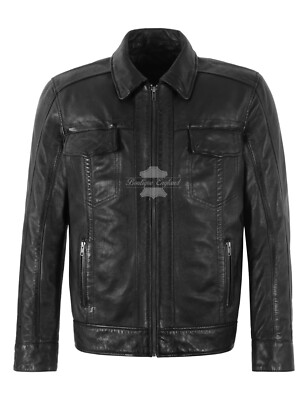 Men's Black Real Leather Classic Fitted Inspired Underwired Collar Jacket