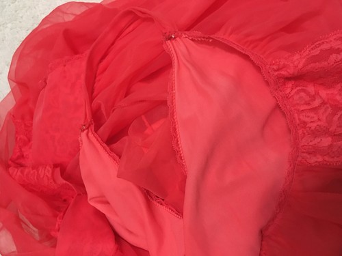 L Vtg Babydoll Nylon NIGHTGOWN Sheer CHIFFON PEIGNOIR ROBE Set Red Floral Lace - Picture 8 of 8