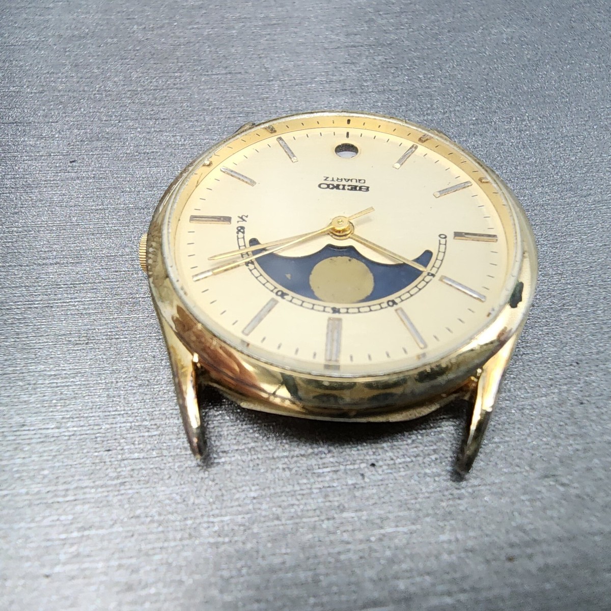 Seiko Moonphase Watch Men 32mm Champagne Dial Gold Tone Date 7434