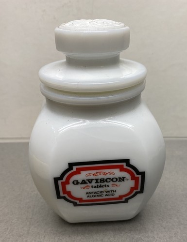 Vintage Gaviscon Tablets Jar White Milk Glass Apothecary Pill Bottle Empty