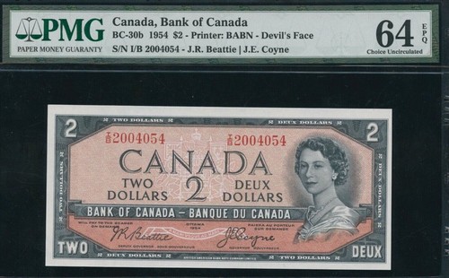 1954 Bank of Canada $2 - Devil's Face Changeover Prefix BC-30b. PMG Choice Unc.