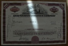 Stock certificate Gulf Utilities Comp. Payee Broadway Co. 1967