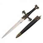 16" Medieval Dagger Short Sword Knife w Dragon Gold Handle & Black Hard Scabbard