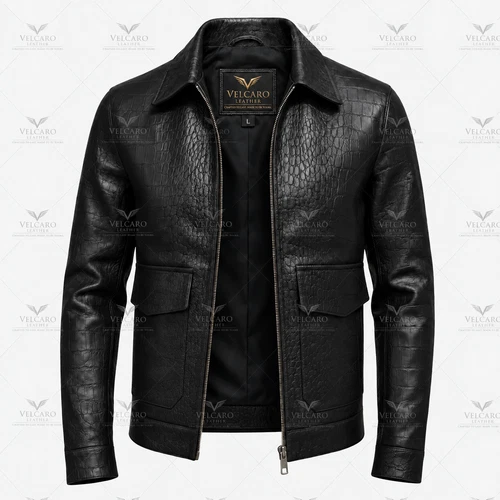 Men's Black Croc Embossed Leather Jacket – Slim Fit Biker Style Zip Jacket - product listing photo
