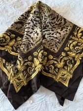 Vintage 100 Silk Scarf Equestrian Chain Scroll Animal Print Brown Gold Cream