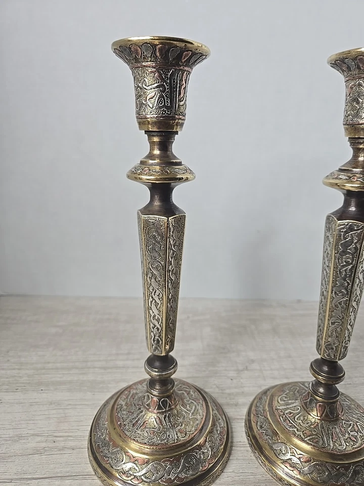 Portavelas antiguo persa de bronce, cobre y plata XIX  Foto 2 de 4