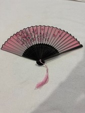 Folding Hand Fan Pink w/Black Wood Handle open size 16.5x9"