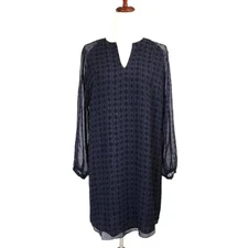 CAbi Harlequin Diamond Shift Dress Chiffon V-neck Sheer Sleeves Size Small