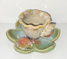 Vintage Pottery Candle Holder Lily Pad Lotus Flower Base Two Ladybugs 2 1/8"H