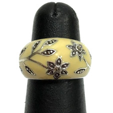 MA3 Vintage 925 Sterling Silver 6g White Enamel  Marcasite Sunflower Ring 5.75