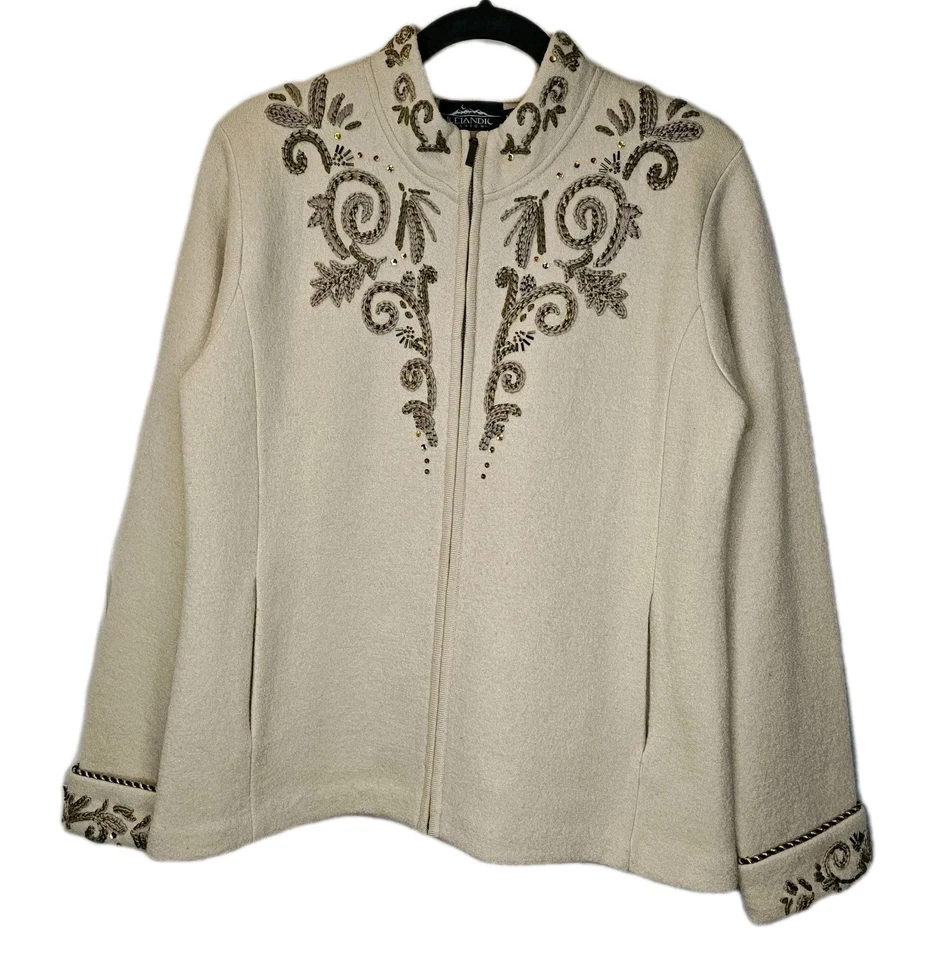 Cárdigan de diseño islandés mediano beige lana hervida adornado cremallera suéter chaqueta   Foto 2 de 4