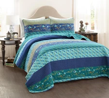 Royal Empire Reversible Cotton Quilt Set, 3 Piece Set King, Peacock - Striped Be
