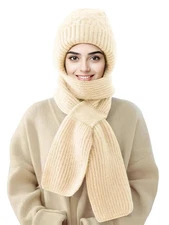 Beanie Hat Scarf Integrated Ear Protection Windproof Cap Scarf Elastic Knitti...