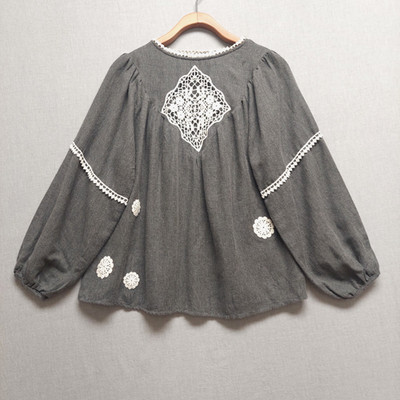 Zara Basic Peasant Top Womens S Gray Embroidered Boho Goth Whimsigoth Peasant