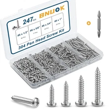 247Pcs Pan Head Wood Screws Assortment Kit, #6#8 Stainless Steel 304 Self Tappin