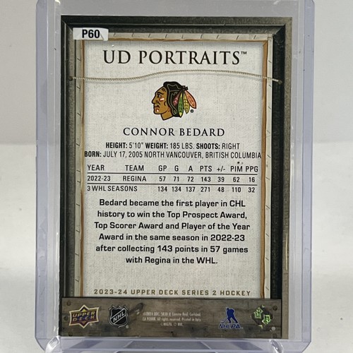 Connor Bedard- 2023-24 Upper Deck Series 2 UD Portraits Blackhawks - Picture 2 of 2