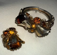 Vintage Set Bracelet 1 Clip On Earring Orange Brown Unsigned Caviness? Juliana?