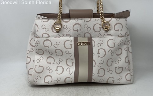 Guess Womens White Brown Monogram Print Inner Pocket Satchel Handbag With Tags