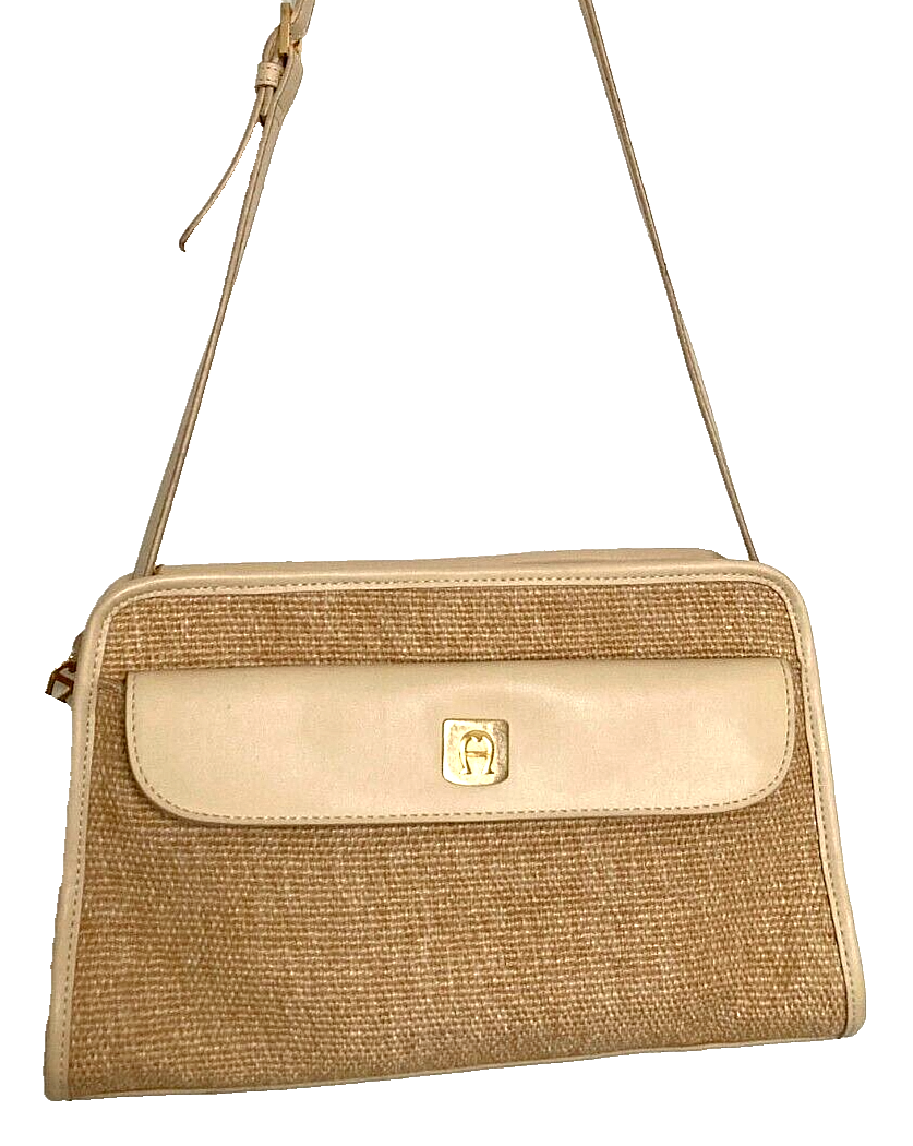 VINTAGE ETIENNE AIGNER Woven JUTE & TAN FAUX LEATHER  display picture 2