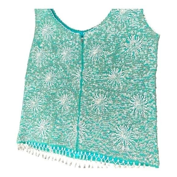 Creations by Harilela’s Hand Beaded Lambs Wool Blue Tank Shell Vintage Lantejoulas - Imagem 4 de 4