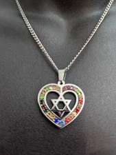 Star Of David Stainless Steel  Silver Rhinestone Heart Necklace Up to 20 in