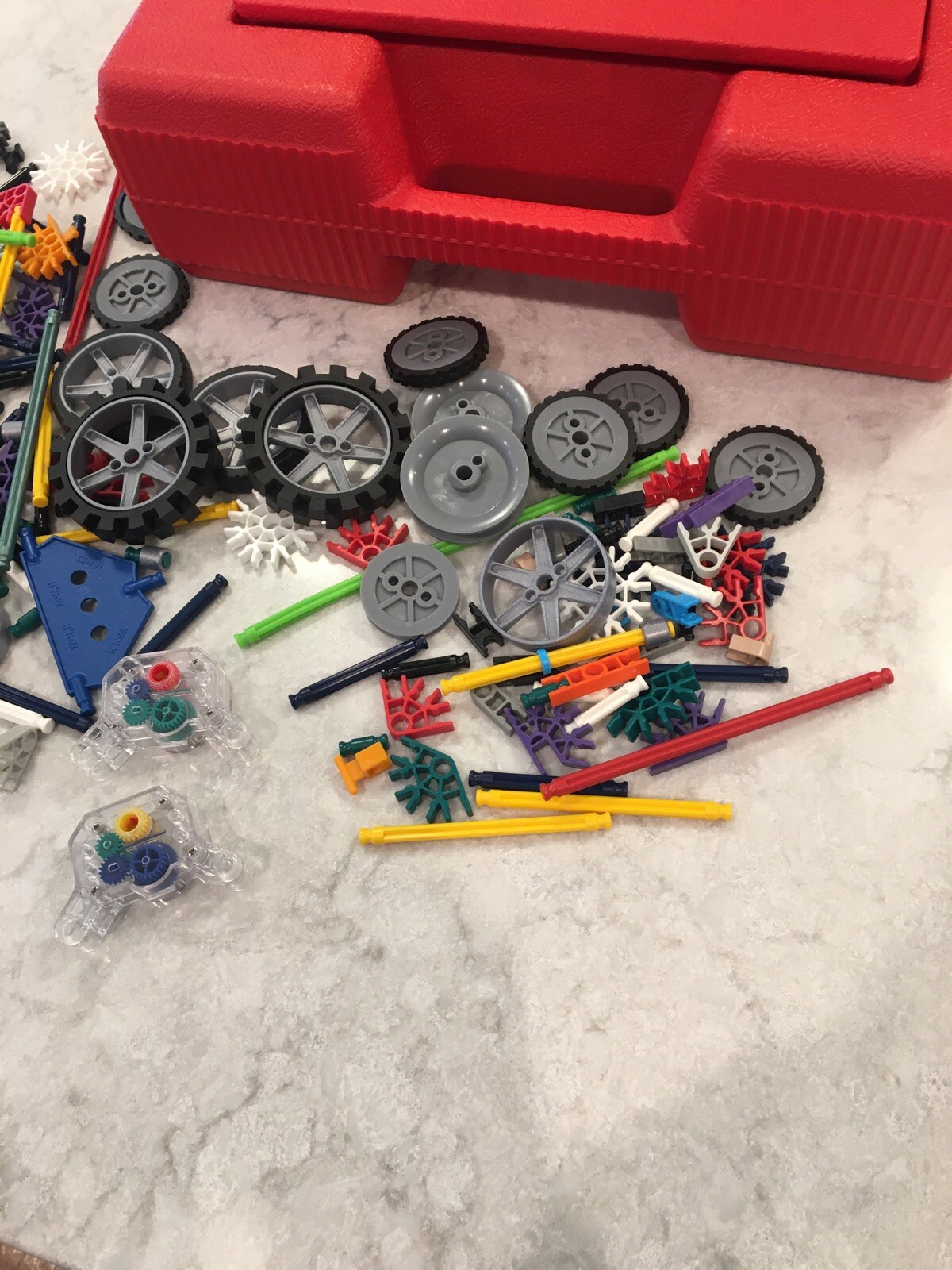 Red 14 inch KNEX K'NEX Storage box filled with many parts inside Wheels