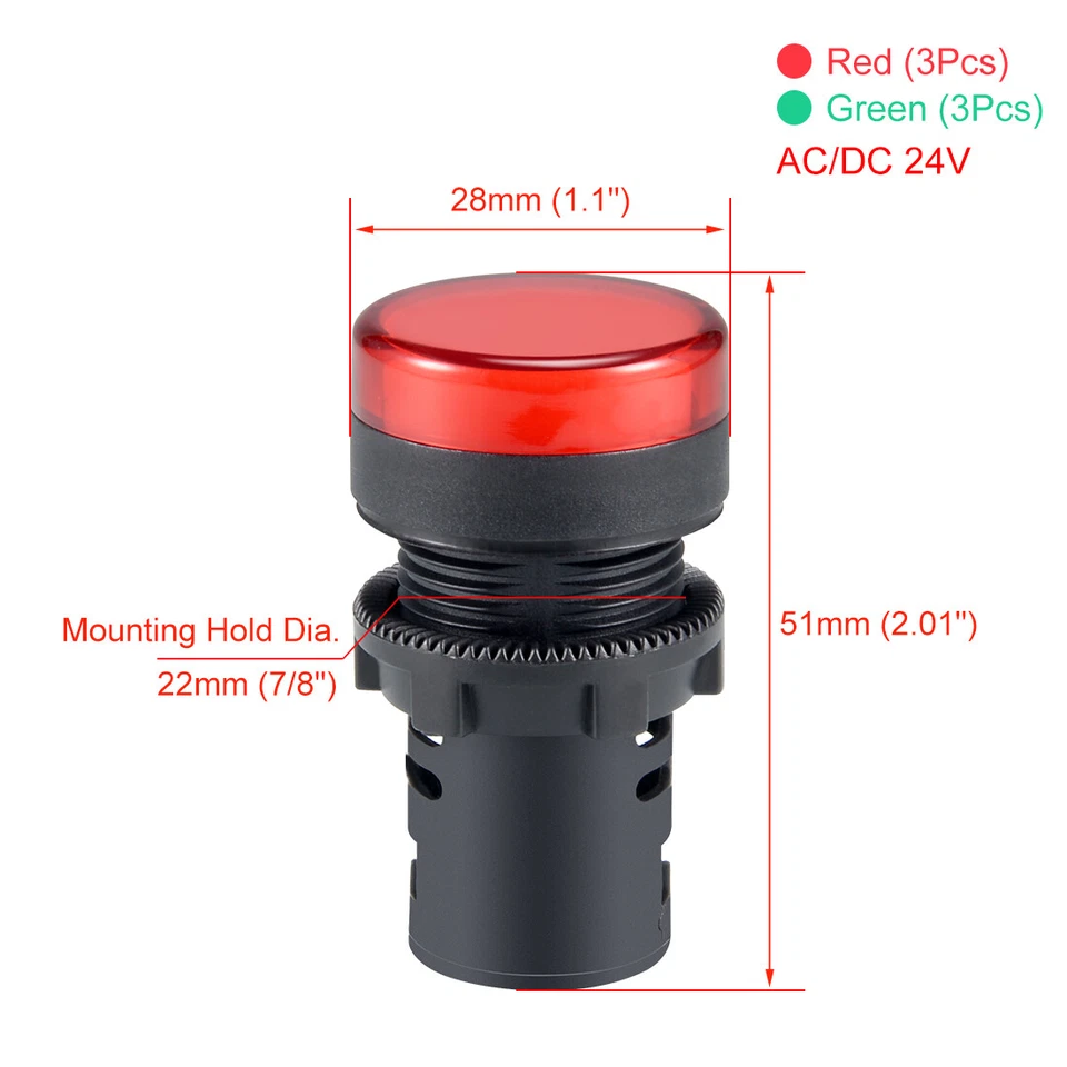 6Stk Anzeigeleuchten LED Schalttafeleinbau AC/DC 24V 7/8 "22mm Grün+Rot - Bild 2 von 4