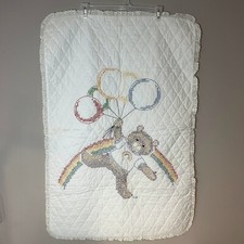 VTG Rainbow Bear Cross Stitch Embroidered Nursery Quilt Crib Bedding 28 x 40