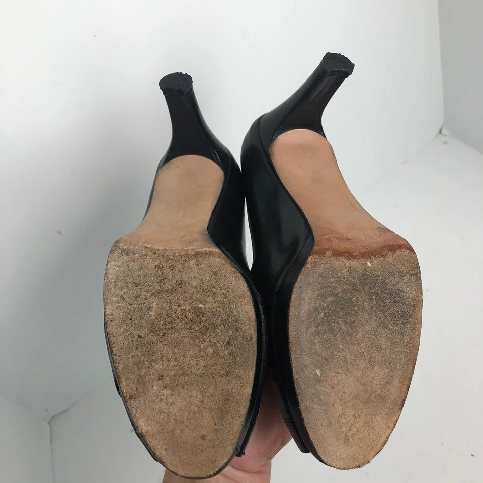 Stuart Weitzman Size 3” Heel Black Leather Slip On Open Toe Rockabilly womans - Image 4 of 4