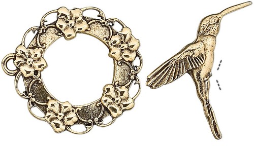 2 Sets Antiqued GoldPlated Brass 25mm Flower Wreath & Hummingbird Toggle Clasps* - Picture 2 of 5