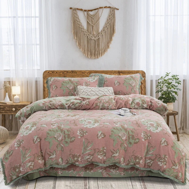 Juego de cama de gasa de algodón puro 4 piezas funda nórdica sábana plana 2 fundas de almohada borla Foto 2 de 4