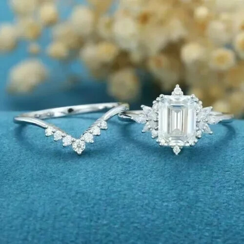 3Ct Emerald Cut Lab Created Diamond 14k White Gold FN Engagement Ring Bridal Set - Afbeelding 1 van 7