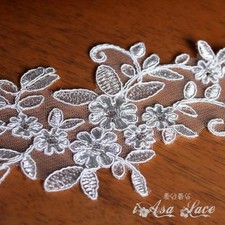 One pair wedding fabric applique trims with white embroidery flower patches12A85