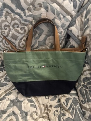 Tommy Hilfiger Canvas Colorblock Tote Green Navy Tan Zip Satchel Crossbody